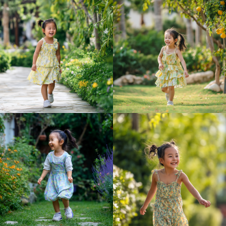 中国小女孩穿运动连衣裙花园春游，三分法全身照，长焦逆光，清新色，欢笑漫步，活力氛围，8k画质，面部精致，优雅姿态。