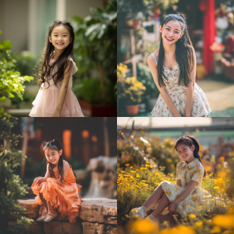 中国小女孩，人物面部细致面相中国女孩美丽大方温柔，长发短裙高跟，迷人笑容，全身特写，室内暖光，超高画质8k，三分法构图，清新色调，优雅姿态。优化，穿运动连衣裙春游，三分法全身照，自然环境，清新色，长焦逆光，欢笑漫步，活力氛围。 花园背景 三分法构图