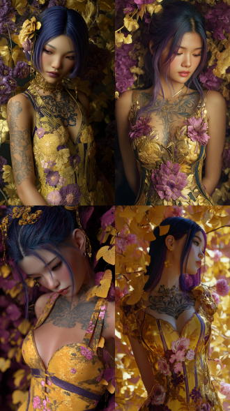 一个美丽的亚洲女孩全身,蓝色头发和紫色条纹,穿着一件金色连衣裙,上面有粉色花朵。她胸前有风格的纹身。浪漫的风景以使用daz3d风格和albertomi_rawson的深紫色和黄色色调为特色,带有一丝哥布林学院和金色叶子。
