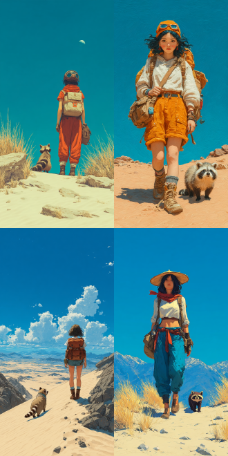 广袤的沙漠，一个美丽可爱的亚洲少女，背着背包，在行走，旁边有一只小浣熊。