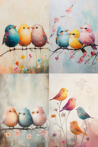 “a painting with a fresh style, featuring three chubby little birds with plump bodies. one bird is in colorful yet fresh - toned colors, and the other two are in素雅 colors. they are standing on a flower - branch with their backs turned to each other. the picture is clean and tidy, highlighting the chubby birds. the painting uses plenty of blank space, with a simple, freehand, dreamy and hazy style. the aspect ratio is 16:9.”