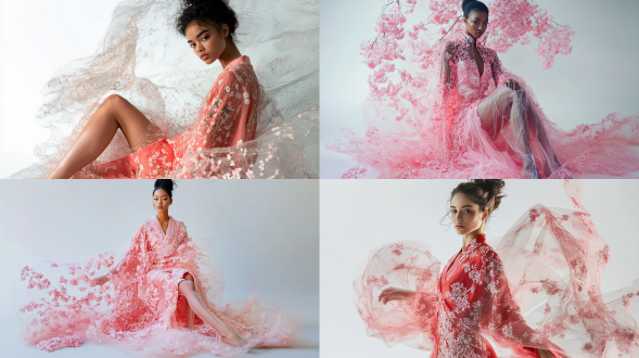 具有多元文化面容的青年女性模特，身着樱花粉丝绸绣花束身衣，腿部覆盖艺术性网纹半透明丝织品，在极简主义摄影棚内通过多维度光影展现服饰肌理对比。服装造型融合高定剪裁与半透光面料的创新组合，呈现出未来主义时装展的先锋概念。