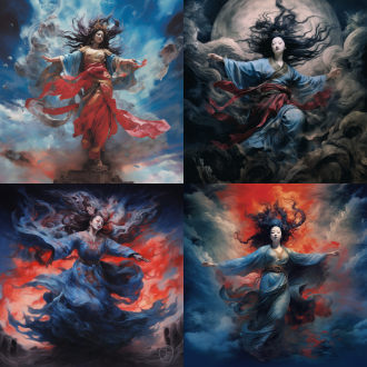 观音菩萨，风中凌乱，长发狂舞，面容肃杀，青色光环，红云缭绕，广角镜头，逆光，光线高对比，动态模糊，狰狞，末日感