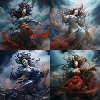 观音菩萨风中凌乱长发狂舞面容肃杀青色光环红云缭绕广角镜头逆光光线高对比动态模糊狰狞末日感风起云涌末日来临鬼神背景暗灰色调广角镜头低角度侧光high_contrast气势磅礴神秘感紧张氛围动态模糊暗色调神秘恐惧唐卡风格