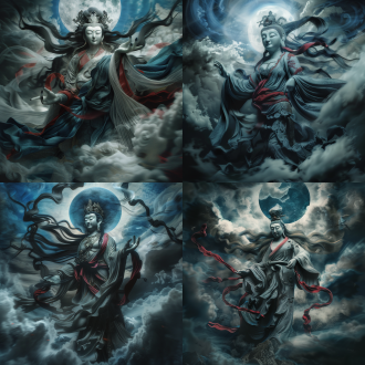 观音菩萨，风中凌乱，长发狂舞，面容肃杀，青色光环，红云缭绕，广角镜头，逆光，光线高对比，动态模糊，狰狞，末日感，风起云涌，末日来临，鬼神背景，暗灰色调，广角镜头，低角度，侧光，high_contrast。