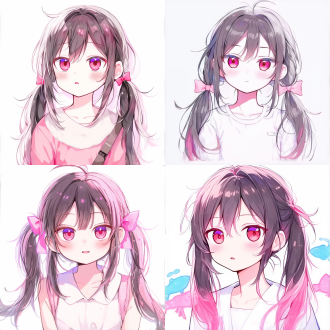 蓝色大眼睛，高冷 温柔，粉白色柔顺长发，粉红色蝴蝶结，冷色系，风格温柔 明朗，手绘