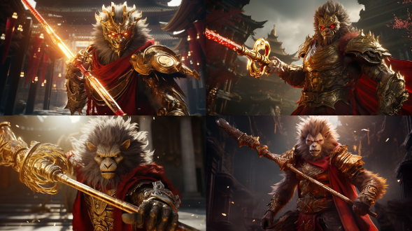 孙悟空，身穿战甲，面对镜头，远景全身像，身披红色披风，手持金箍棒（黄金玄铁打造的铁棒），姿势霸气，火星四溅，金属感，复杂的细节，写实，超现实主义，逼真的皮肤纹理，电影级光照，辛烷渲染，超高清，丰富的细节，8k