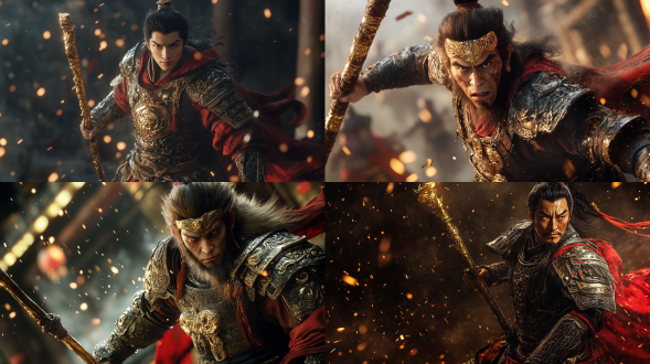 孙悟空，身穿战甲，面对镜头，远景全身像，身披红色披风，手持金箍棒（黄金玄铁打造的铁棒），姿势霸气，火星四溅，金属感，复杂的细节，写实，超现实主义，逼真的皮肤纹理，电影级光照，辛烷渲染，超高清，丰富的细节，8k