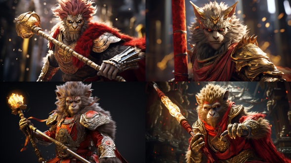 孙悟空，身穿战甲，面对镜头，远景全身像，身披红色披风，手持金箍棒（黄金玄铁打造的铁棒），姿势霸气，火星四溅，金属感，复杂的细节，写实，超现实主义，逼真的皮肤纹理，电影级光照，辛烷渲染，超高清，丰富的细节，8k