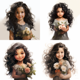 一个小女孩，手捧鲜花，黑色长卷发披散在肩上，穿着漂亮的花裙子，微笑，正视图，简笔画风格，背景干净