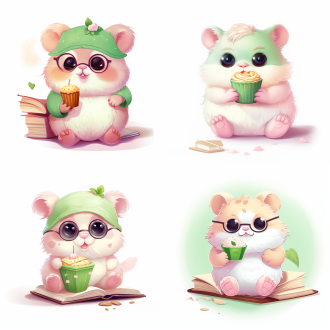 可爱胖仓鼠戴圆眼镜拿“午睡专家”小书坐纸杯蛋糕上，粉绿柔和色调，扁平插画风，白背景，高分辨率，萌趣。