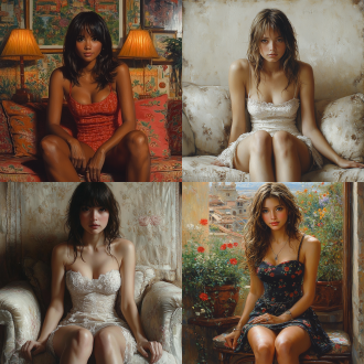 杰作的, 超逼真的质量, (1女生​), (幼女人), 华裔少女, (熟女面孔), 面部清洁, 逼真脸部, (脸庞完美), 细腻的脸部, 皮肤皙白, 坐在沙发上, 长的腿, (卷曲的), 短发啊, 棕黄头发, 双手放在膝盖上, 吊带的 , 迷你连衣裙, 抹胸)，hd质量, 逼真的画质, 真人, 长的腿, 超高清渲染, 准确无误, 纹理肌肤, 高细节质感, 高质量上, 非常的详细, 级高分辨率, 8k的的, 寫真, 摄影照,