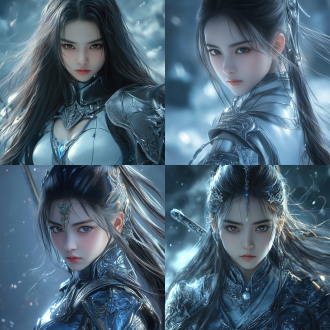 美少女战士，东方面孔，高细节，电影风格，玄幻元素，光影柔和，特写与全焦，最佳质量，长发飘逸，眼神坚定，战斗姿态，未来感服装，金属质感，魔法光环，高分辨率，广角镜头，自然光，动态模糊，神秘，力量感，蓝色与银色调，自信，决心。