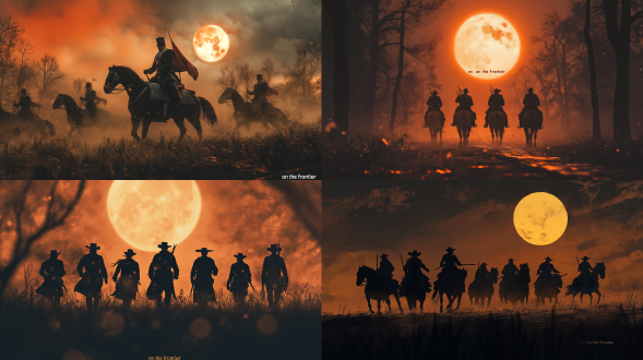 storyboard prompt for "on the frontier" (adapted for midjourney) overall style: epic historical war drama, cinematic lighting with high contrast between cold moonlight and fiery orange tones, dynamic combat scenes, realistic textures, historical accuracy in costumes and architecture,