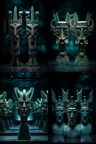 三星堆青铜人偶，对称构图，神秘氛围，古代遗址，冷色调，长焦镜头，顶光，细节清晰，静止，庄严。