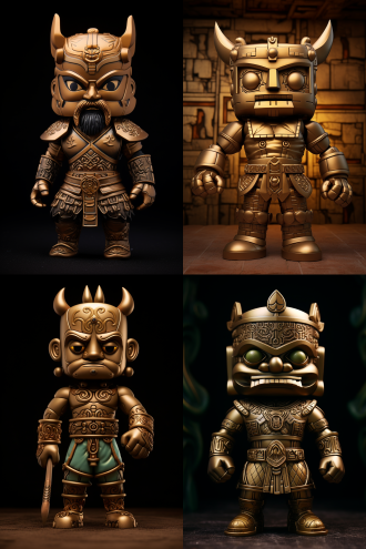 三星堆青铜大力人卡通玩偶文创手办，青铜质感，卡通化，手持权杖，微笑表情，站立姿势，背景为古代祭祀场景，对称构图，高光细节，暖色调，广角镜头，侧光，静态，神秘感。