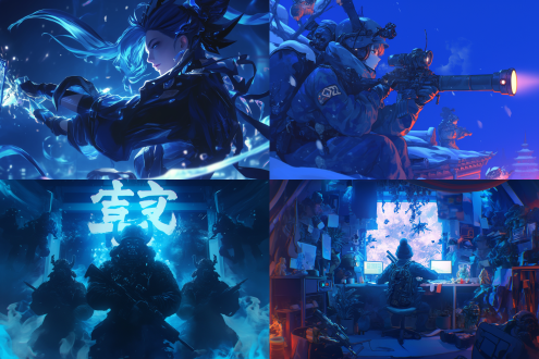 夜巡中青年士兵擦拭装备，哪吒元神触军徽海报，对称构图，暗蓝色调，夜景，长焦镜头，逆光，庄严，神圣，奇幻。 黏土 哑光 游戏素材 角色设计