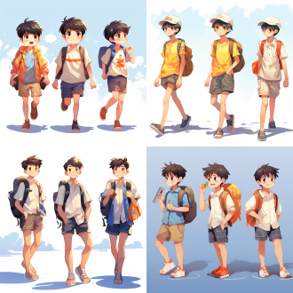 中国小学生，单个人物，三视图，扁平漫画线条，男生，夏季服装，阳光照耀，可爱风格