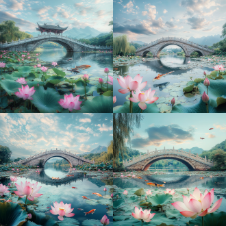 荷花盛开，粉色荷花绽放，游鱼戏水，山水，传统风格，中国风，16:9，石拱桥，天青配色，雄伟壮观，流体摄影，广角镜头，细节丰富。