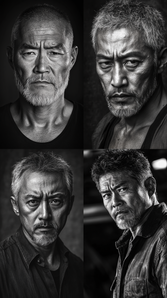 汉族刑警，硬汉形象，50多岁，头发花白，络腮胡子，憔悴，沧桑，短发，严肃，身体强壮，满脸皱纹，半身像，高对比度，黑白摄影，室内，广角镜头，侧光，深色背景，皱纹细节，强壮肌肉，严肃表情，沧桑感，硬朗风格。