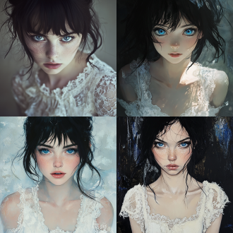 一个女孩，蓝眼睛，白色吊带蕾丝连衣裙，黑发