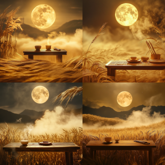 低垂圆月悬金色麦浪，远处木桌有茶碗竹筷，蒸汽模糊月光，三分构图，暖黄调，长焦镜头，逆光，梦幻氛围。