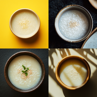 俯拍素色夜晚下青瓷碗中白饭汤映黄月，碗沿有米，对称构图，静谧冷调，微距顶光，清晰质感。