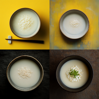 俯拍素色夜晚下青瓷碗中白饭汤映黄月，碗沿有米，对称构图，静谧冷调，微距顶光，清晰质感。