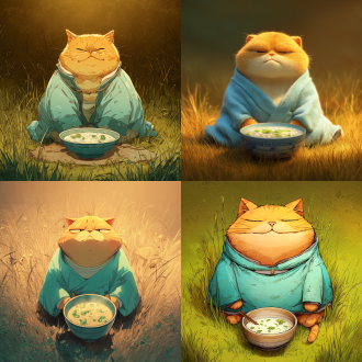 大橘猫穿浅青长衫抱肚坐草坪，面前有稀饭葱碗，圆脸眯眼，迪士尼风格，居中构图，暖光，低饱和度，特写镜头，可爱。