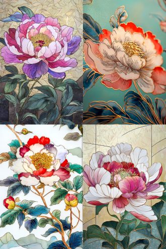 水墨牡丹, 金色勾边, 风格柔美, 风格派, 彩色玻璃