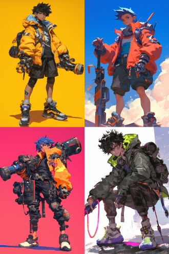 游戏角色设计, 夸张的动作, 男孩, 全身的, 以概念数字艺术的风格, 部分机械化的, 干净的背景, 卡通的现实主义, 生动的配色方案