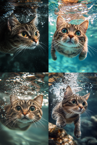 一只虎斑猫咪在水下游泳，居中构图，丁达尔效应，水波纹，细节饱满，微距镜头，顶光，慢快门，游动，灵动