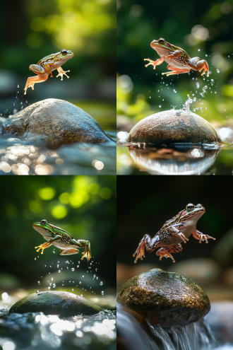 青蛙在溪边石头上跳跃瞬间，三分法构图，自然环境，长焦镜头，侧逆光，高速快门，绿色调，灵动。