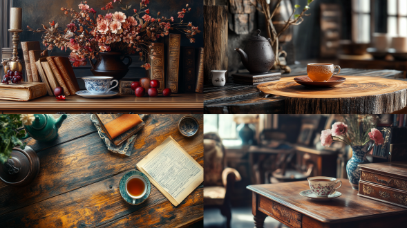 桌面，木质纹理，摆件，茶杯，精致