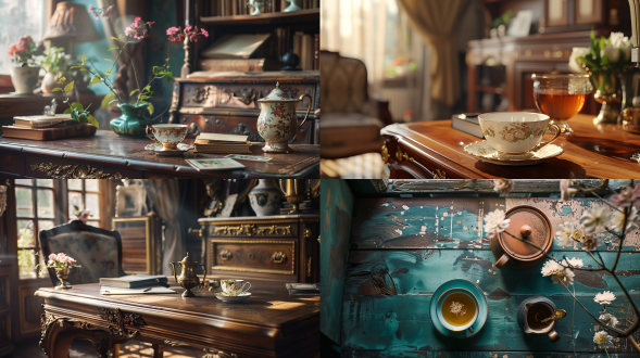 桌面，木质纹理，摆件，茶杯，精致