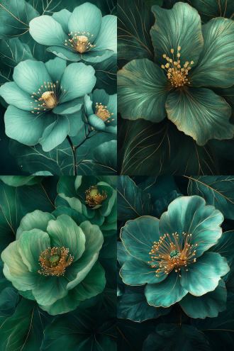 绿色的大花朵，金色花蕊，绿色花心，层层叠叠的花瓣。深绿色叶片，带有金色线条装饰，叶片纹理细腻。浓郁的绿色调，梦幻氛围，精致，华丽，具有东方艺术风格。