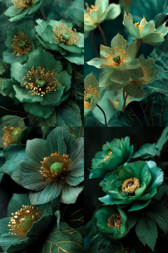 绿色的大花朵，金色花蕊，绿色花心，层层叠叠的花瓣。深绿色叶片，带有金色线条装饰，叶片纹理细腻。浓郁的绿色调，梦幻氛围，精致，华丽，具有东方艺术风格。