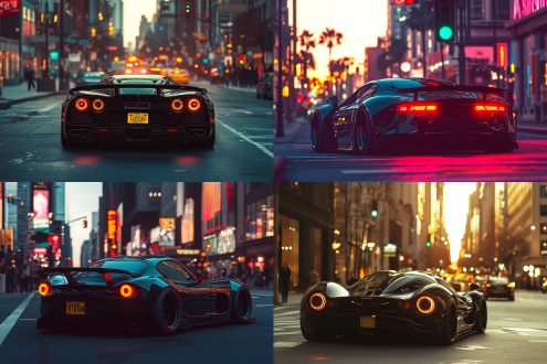 一辆黑色轿跑的后视图，在城市街道，黄色的绿灯，傍晚，晚霞，实拍