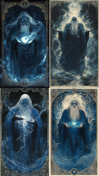 一张奇幻塔罗牌，描绘了一位古老的大法师在伸出的双手间召唤风暴，智慧的双眼闪烁着力量的光芒，披着一件由月光编织的斗篷。置身于一个象征性的场景中，带有神秘的午夜蓝色和电光银色元素。周围环绕着奥术符号、天体图案和华丽的边框