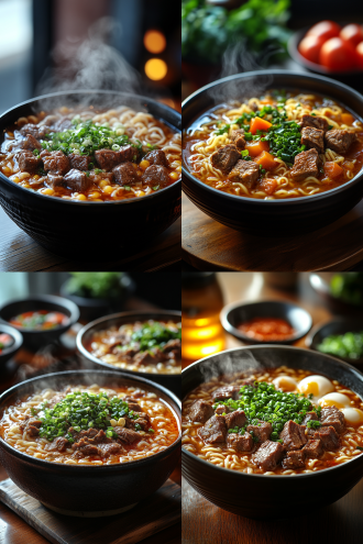 红烧牛肉面，三分构图，美食特写，餐厅环境，暖黄灯光，微距镜头，蒸汽升腾，红亮汤汁，诱人食欲。