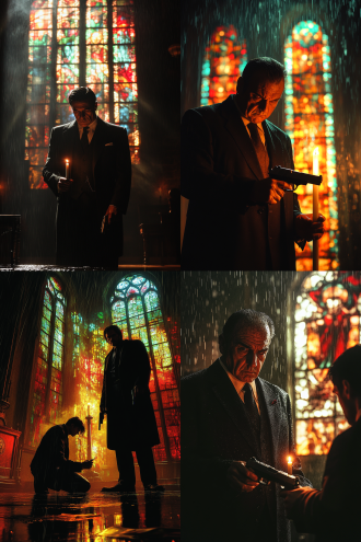 昏暗的意大利教堂内，教父身着考究黑色西装，神色凝重手持蜡烛，背后彩色玻璃透下微光。年轻黑手党成员单膝跪地，接过手枪，一场复仇计划在肃穆氛围中悄然开启，雨幕拍打教堂窗户，增添紧张感