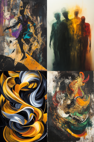 流动的色彩组成模糊的人形轮廓，有的肢体扭曲，有的头部缺失，金色与黑色的液体相互侵蚀，象征着权力与腐朽，以康定斯基式的抽象风格，传达出对病态社会中人性异化与权力纠葛的批判