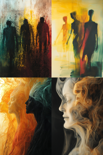 流动的色彩组成模糊的人形轮廓，有的肢体扭曲，有的头部缺失，金色与黑色的液体相互侵蚀，象征着权力与腐朽，以康定斯基式的抽象风格，传达出对病态社会中人性异化与权力纠葛的批判