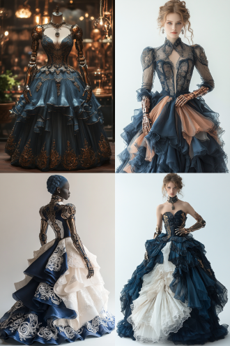 a cyborg woman attends a futuristic gala, her attire a blend of indigo organza and burnished copper plating. the skirt blooms into extravagant ruffles edged with laser-cut baroque motifs, while her top is made of etched platinum and moonstone accents. her mechanical fingers shimmer beneath gauntlets of lace-like polymer.