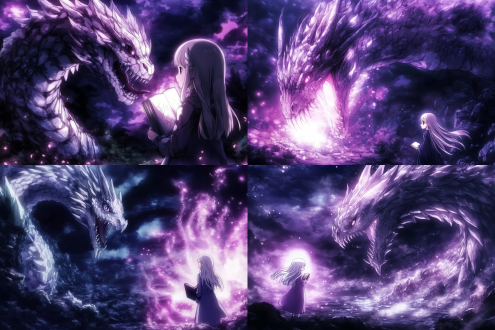 少女直面巨龙张开深渊巨口，手中魔法书绽放光芒穿透黑暗，动态模糊特效