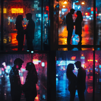 romantic rainy night, neon lights through window, silhouette of couple holding hands, cinematic lighting