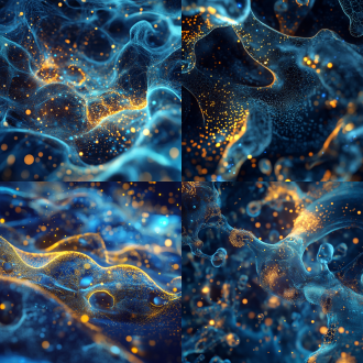 scientific micro world, glowing particles flowing through cell membrane, digital art style, neon blue and gold
