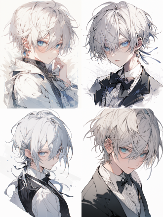 执事，白发，半身照，白底，极简线条，冷色调，清爽少年感。