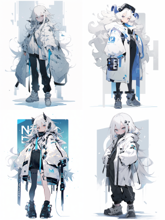 n109区老大全身像，白发，侵略性眼神，白底极简线条，冷色调，全身，中景，平视，正面，硬光，简洁，清冷。