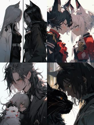 猫执事与黑发猎人小姐，白发与黑发对比，正面相对，极简线条，冷色调，清冷氛围，中长焦镜头，正面光，静态，威严。